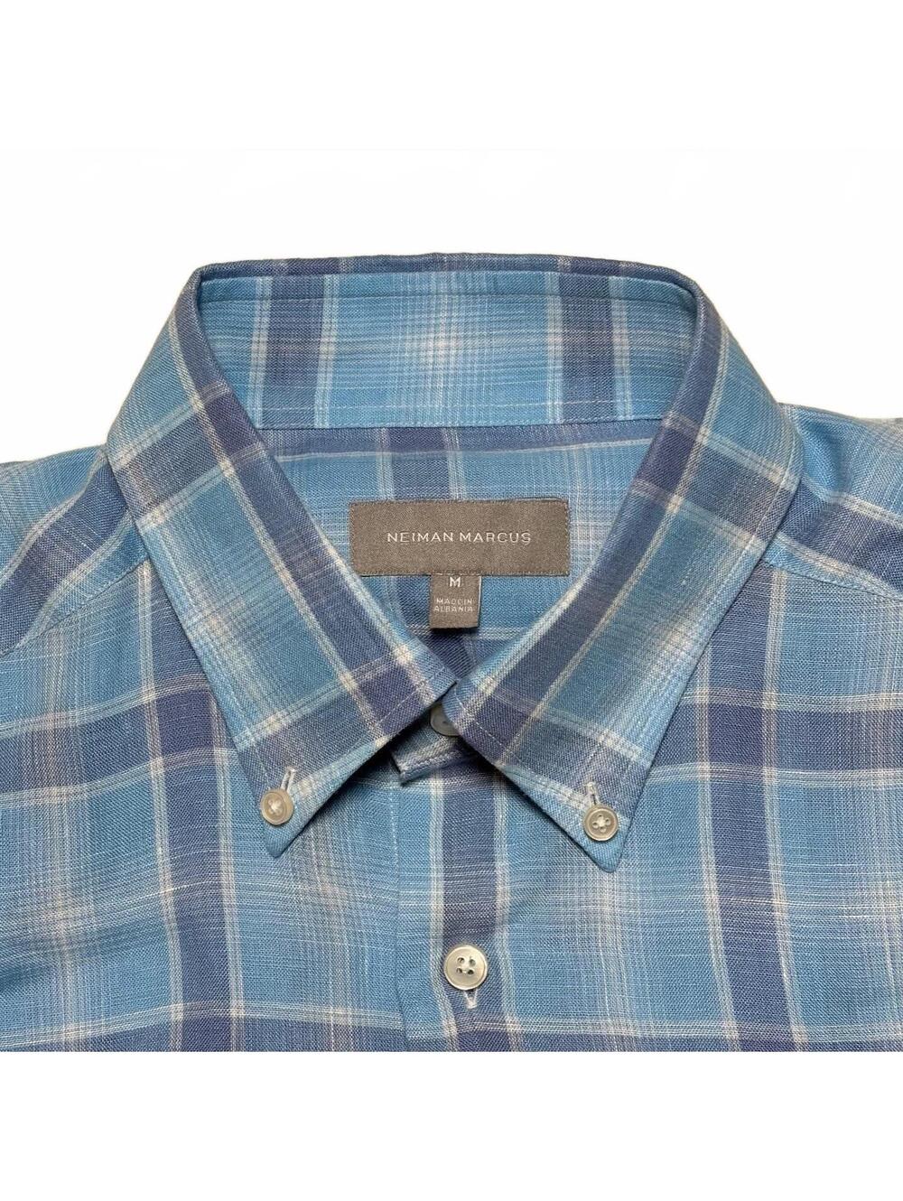 Neiman Marcus Blue Plaid 100% Linen Button Front Shirt
